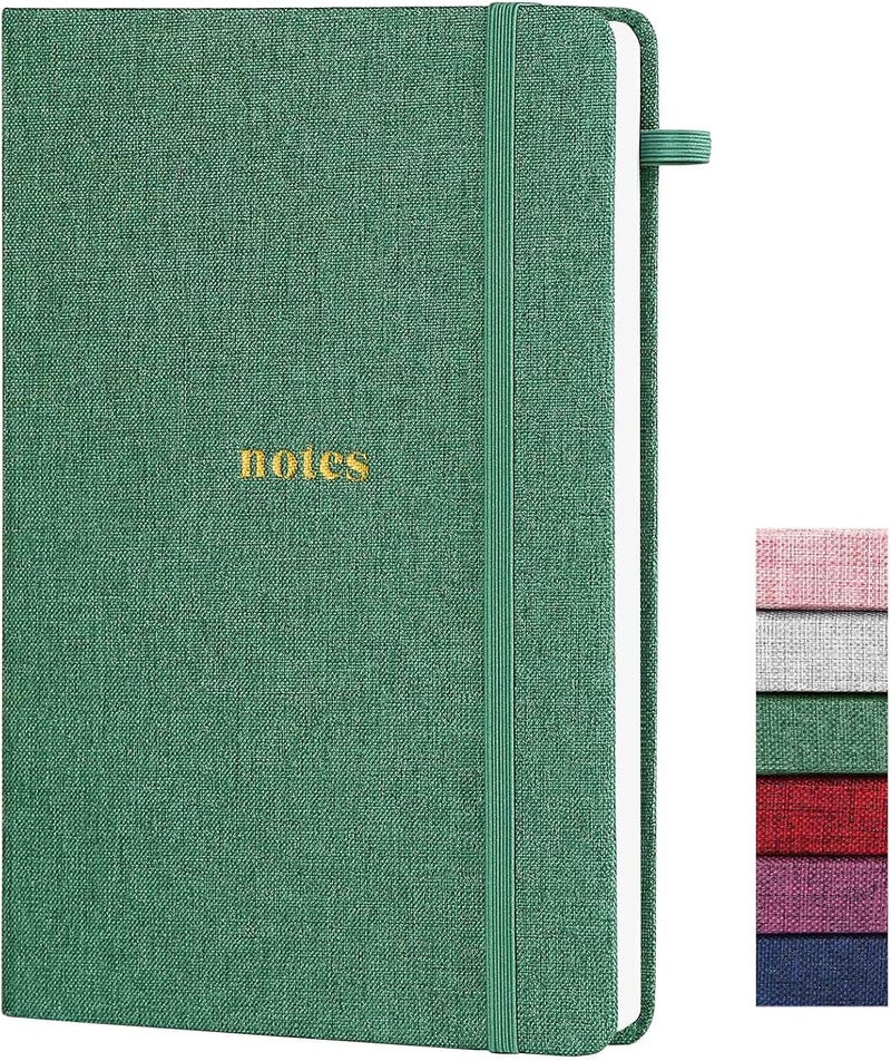 TSFPapier A5 Lined Journal Notebook – Hardcover Fabric Cover 160 Pages 100 GSM Thick Paper With Elastic Band & Pen Holder College Ruled Writing Notebooks for Work School Travel Dark Green - Image 1